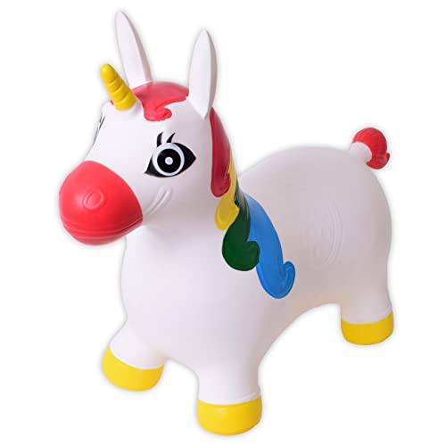 TE-Trend Hüpftier Einhorn Pferde Spielzeug Hüpfpferd Hüpfball ab 2 3 4 5 6 Jahre Hopser Unicorn Pferd zum draufsitzen und hüpfen Regenbogen Weiß Mehrfarbig von TE-Trend