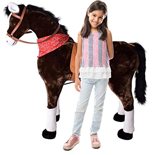 TE-Trend Pferde Spielzeug Schaukelpferd Pferd zum draufsitzen Stehpferd Reitpferd Spielpferd zum Reiten als Mädchen Geschenk mit 112cm Kopfhöhe Dunkelbraun von TE-Trend