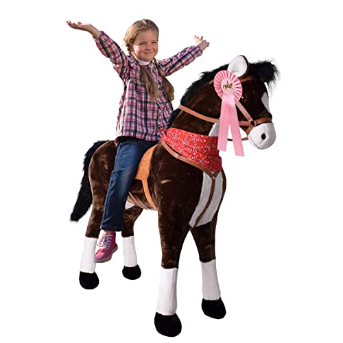 TE-Trend Pferde Spielzeug Schaukelpferd Pferd zum draufsitzen Stehpferd mit Reitpferd Zubehör Turnierschleife Spielpferd zum Reiten als Mädchen Geschenk mit 112cm Kopfhöhe Dunkelbraun von TE-Trend