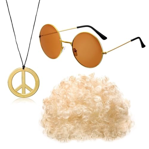 TEBI Hippie Kostüm Set Hippie Sonnenbrille Friedenszeichen Halskette Schnurrbärte Dicos Halskette Perücken 80er Jahre Accessoires Geschenke Hippie Kostüm Set von TEBI