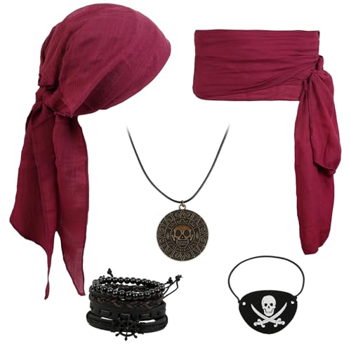 TEBIEKOY Piratenkostüm-Zubehör-Set, Kopftuch, Schärpe, Gürtel, Augenklappe, Lederarmbänder für Herren und Damen, Piratenkostüm, Halloween, Cosplay, Renaissance-Outfit TEBIEKOY Piratenkostüm-Zubehör-Set, Kopftuch, Schärpe, Gürtel, Augenklappe, Lederarmbänder für Herren und Damen, Piratenkostüm, Halloween, Cosplay, Renaissance-Outfit von TEBIEKOY
