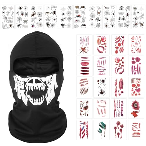 TECHEE Halloween Schädel Gesichtsmaske Totenkopf Maske Halloween Skelett Maske Set Schwarz Halloween Tattoo Aufkleber für Fasching Karneval Halloween Party Cosplay Damen & Herren von TECHEEL