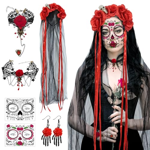 TECHEEL 6 Stück Tag der Toten Haarreif Dia De Los Muertos Haarreif Halloween Horror Haarreif und Temporäre Gesicht Tattoos,Spitzenhandschuhe,Halskette,Ohrringe für Karneval Halloween Party Cosplay von TECHEEL