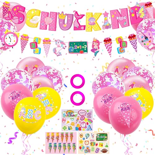 TECHEEL 50pcs Einschulung Deko Mädchen 2025 Rosa Einhorn Schulanfang Deko Schulkind Girlande Schulanfang Ballons Einschulung Luftballon Mädchen Schuleinführung Geschenk Mädchen von TECHEEL