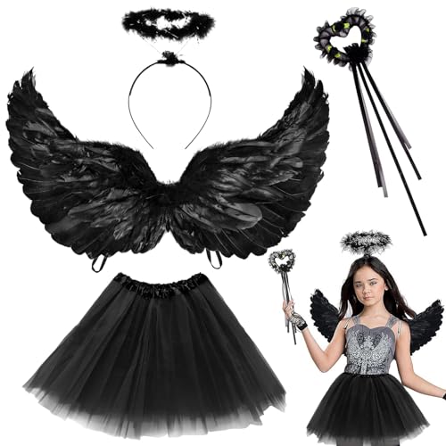 TECHEEL Engelsflügel Schwarz Engel Kostüm Damen Engel Flügel Kostüm mit Heiligenschein und Zauberstab 60CM Halloween Engel kostüm für Halloween Fasching Karneval Cosplay Party von TECHEEL