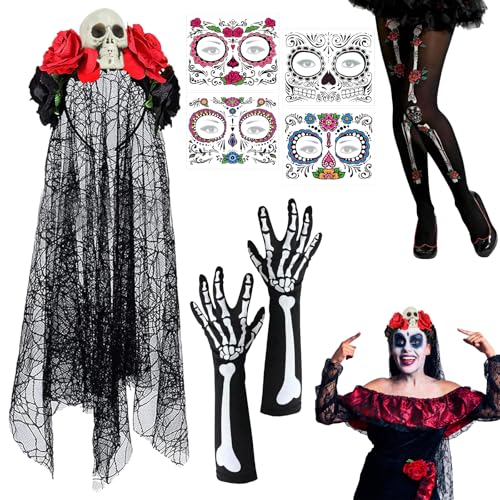 TECHEEL Halloween Tag der Toten Haarreif Dia De Los Muertos Kostüm Accessoires Dia de Los Muertos Haarreif Schleier Damen Kostüm Accessoires mit Gesicht Tattoos für Karneval Halloween Party Cosplay TECHEEL Halloween Tag der Toten Haarreif Dia De Los Muertos Kostüm Accessoires Dia de Los Muertos Haarreif Schleier Damen Kostüm Accessoires mit Gesicht Tattoos für Karneval Halloween Party Cosplay von TECHEEL