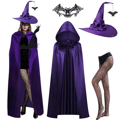 TECHEEL Hexenkostüm Damen Halloween Kostüm Damen Hexe Hexenumhang Damens Vampir Umhang Hexenhut für Halloween Cosplay Karneval Maskerade (Lila) von TECHEEL