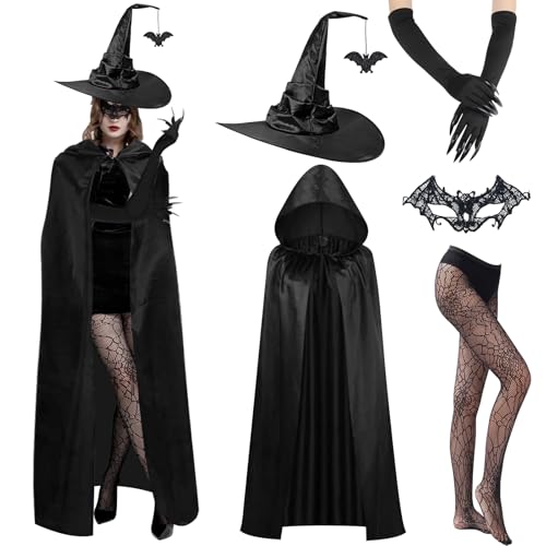 TECHEEL Hexenkostüm Damen Halloween Kostüm Damen Hexe Hexenumhang Damens Vampir Umhang Hexenhut für Halloween Cosplay Karneval Maskerade (Schwarz) von TECHEEL
