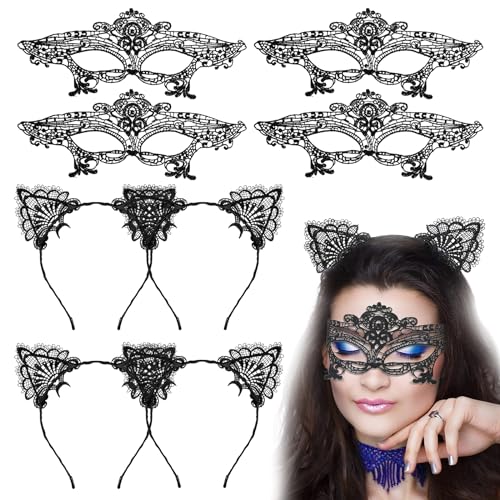 TECHEEL Halloween Katzenohren Haarreif Spitze Catwoman Maske Set Katzenkostüm Damen für Halloween Maskenball Kostüm Karneval Abschlussball Party von TECHEEL