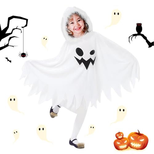 TECHEEL Kinder Halloween Kostüm Cape Weiß Kinder Geist Kostüm Gespenst Kostüm Umhang Halloween Kostüm Kleinkind Jungen Mädchen für Halloween Party Fancy Kleid Cosplay Karneval - L von TECHEEL