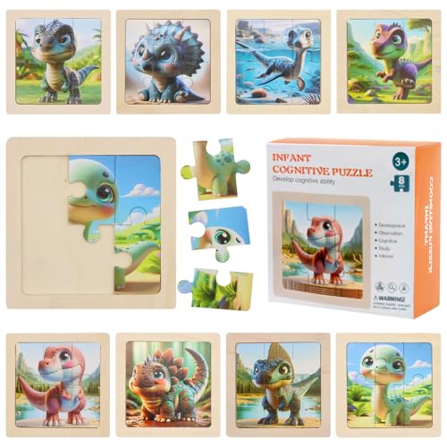 TECHEEL 8 Stück Dinosaurier Puzzle ab 3 4 5 6 Jahre,Kinder Dino Holzpuzzle Kinder Kinderpuzzle Mini Puzzle Spielzeug Dino Puzzle Lernspielzeug für Geschenke Mädchen and Jungen von TECHEEL