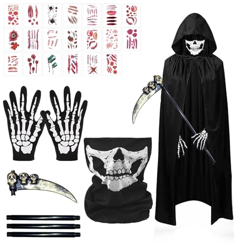 TECHEEL Sensenmann Kostüm Halloween Kostüm Kinder Schwarzer Umhang Sense Skelett Maske Skelett Handschuhe Narben Tattoos Sensenmann Umhang Kostüm Gruselige Set für Halloween Dekoration Cosplay TECHEEL Sensenmann Kostüm Halloween Kostüm Kinder Schwarzer Umhang Sense Skelett Maske Skelett Handschuhe Narben Tattoos Sensenmann Umhang Kostüm Gruselige Set für Halloween Dekoration Cosplay von TECHEEL