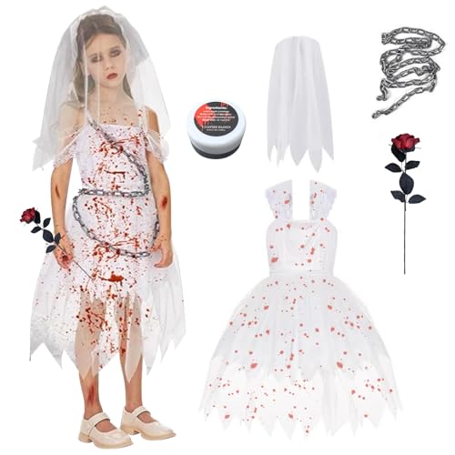 TECHEEL Zombie Kostüm Mädchen Horror Zombie Braut Kostüm Kinder Halloweenkostüm Zombies Horror Braut Kostüms Weiß für Halloween Party, Karneval und Cosplay von TECHEEL