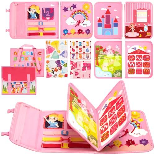TECHMUR Busy Board Montessori Toy for Toddlers, Sensory Activity Board for Fine Motor Skills | 2-in-1 Carry (Handle + Strap) | Educational Travel Toy for Plane & Car(Pink 8p) von TECHMUR