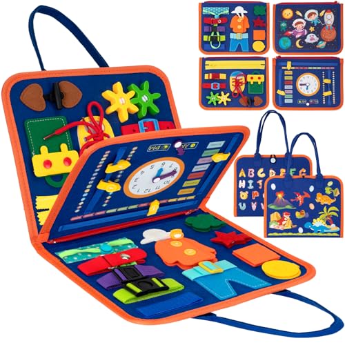 TECHMUR Montessori-Spielbrett für Kleinkinder, Sensorisches Aktivitätsbrett zur Förderung der Feinmotorik, Pädagogisches Reisespielzeug für Flugzeug & Auto Busy Board Buch [Mit Puzzle Tasche] Zug von TECHMUR