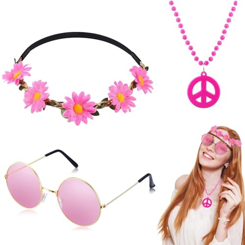 TECKI 3pcs Rosa Hippie Accessoires Set – Halskette mit Peace Zeichen, Stirnband Mit Blumenkrone, Hippie Sonnenbrille, Damen Partykleidung, Faschingskostüme, 70er Jahre Accessoires TECKI 3pcs Rosa Hippie Accessoires Set – Halskette mit Peace Zeichen, Stirnband Mit Blumenkrone, Hippie Sonnenbrille, Damen Partykleidung, Faschingskostüme, 70er Jahre Accessoires von TECKI