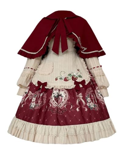 TEDPRBGE Beige-rotes Lolita-Kleid, langärmeliges Kleid, Erdbeeren, Umhang, Rüschensaum, Halloween-Kostüm für Damen (UK, Alpha, L, Regular, Regular, Beige-Rot) von TEDPRBGE