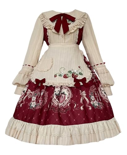 TEDPRBGE Beige-rotes Lolita-Kleid mit langen Ärmeln, Spitze, Erdbeeren, Rüschensaum, Halloween-Kostüm für Damen (UK, Alpha, L, Regular, Regular, Beige-Rot) von TEDPRBGE