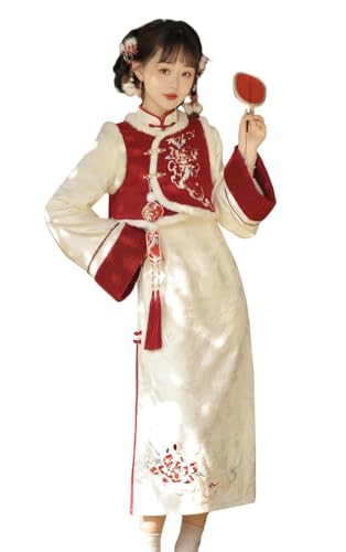 TEDPRBGE Chinesischer Stil Kostüm Vintage Cheongsam Kleid Rot Weiß Qipao Chinesische Cheongsam Weste Set Lolita Kleid für Frauen (S) von TEDPRBGE