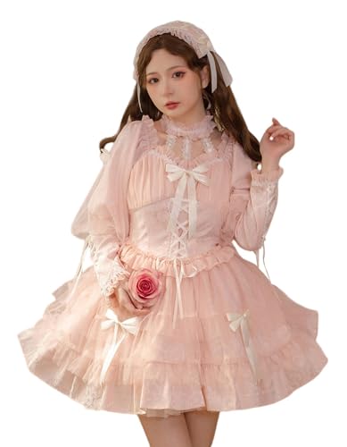 TEDPRBGE Damen Gothic Lolita Kleid Kawaii Spitze Rüschen Saum Langarm Lolita Kleid Prinzessin Court Röcke Anime Kostüm (Rosa, L) von TEDPRBGE
