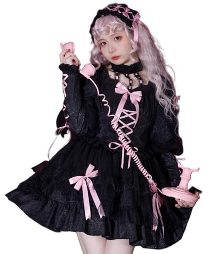 TEDPRBGE Damen Gothic Lolita Kleid Kawaii Spitze Rüschen Saum Langarm Lolita Kleid Prinzessin Court Röcke Anime Kostüm (Schwarz, M) von TEDPRBGE