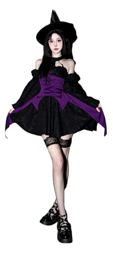 TEDPRBGE Gothic-Hexenkostüm für Damen, schwarz, lila, Outfit, Hexe, spitz, Kappe, ärmellos, Oberrock, Halloween, Cosplay, Kostüm, Größe S von TEDPRBGE