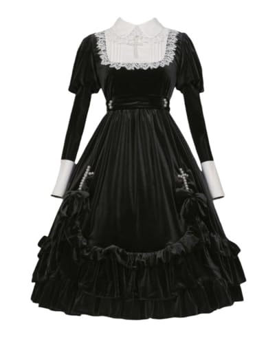 TEDPRBGE Gothic Lolita Kleid Langarm Kleid Spitze Court Rock Rüschen Saum Halloween Kostüm für Frauen (L) von TEDPRBGE