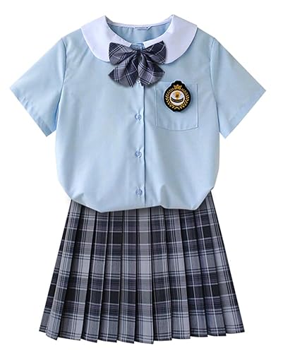 TEDPRBGE JK Schuluniform für Damen, japanischer karierter Faltenrock, blau-weißes Hemd-Set, Anime-Cosplay-Kostüm (Grau, L) von TEDPRBGE