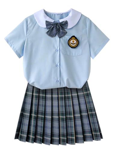 TEDPRBGE JK Schuluniform für Damen, japanischer karierter Faltenrock, blau-weißes Hemd-Set, Anime-Cosplay-Kostüm (Graugrün, M) von TEDPRBGE