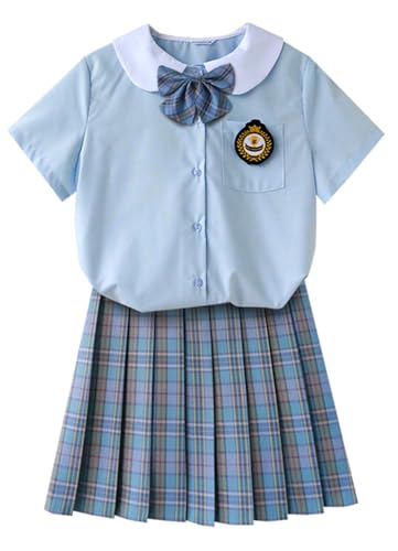 TEDPRBGE JK Schuluniform für Damen, japanischer karierter Faltenrock, blau-weißes Hemd-Set, Anime-Cosplay-Kostüm (Ombré-Blau, XL) von TEDPRBGE