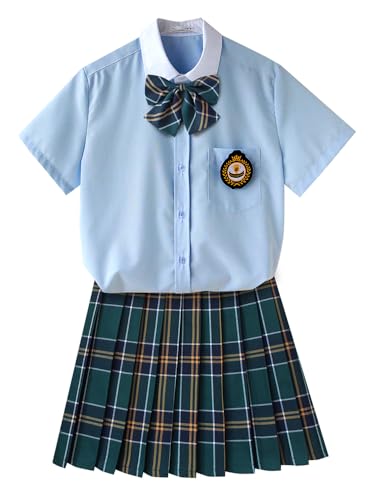 TEDPRBGE JK Schuluniform für Damen, japanischer karierter Faltenrock, blaues Hemd, Set, Anime, Cosplay-Kostüm (Grün-Gelb, Größe 4XL) von TEDPRBGE