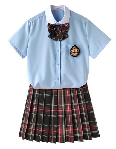 TEDPRBGE JK Schuluniform für Damen, japanischer karierter Faltenrock, blaues Hemd, Set, Anime, Cosplay-Kostüm (Rot, Gelb, Grün, Größe 3XL) von TEDPRBGE