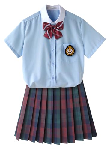TEDPRBGE JK Schuluniform für Damen, japanischer karierter Faltenrock, blaues Hemd, Set, Anime, Cosplay-Kostüm (Rotgrün, XL) von TEDPRBGE