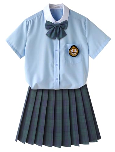 TEDPRBGE JK Schuluniform für Damen, japanischer karierter Faltenrock, blaues Hemd-Set, Anime-Cosplay-Kostüm (Grün, S) von TEDPRBGE