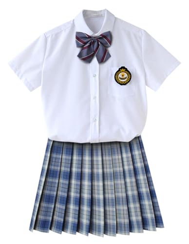 TEDPRBGE JK Schuluniform für Damen, japanischer karierter Faltenrock, weißes Hemd, Fliege, Emblem, Set, Anime, Cosplay-Kostüm (Blaugrün, Größe 3XL) von TEDPRBGE