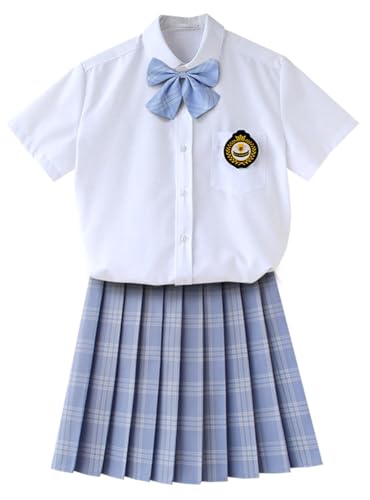 TEDPRBGE JK Schuluniform für Damen, japanischer karierter Faltenrock, weißes Hemd, Fliege, Emblem, Set, Anime, Cosplay-Kostüm (Himmelblau, Größe 2XL) von TEDPRBGE