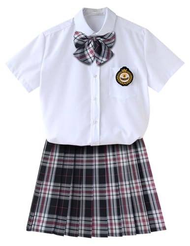 TEDPRBGE JK Schuluniform für Damen, japanischer karierter Faltenrock, weißes Hemd, Fliege, Emblem, Set, Anime, Cosplay-Kostüm (Ombré-Grau, Größe 3XL) von TEDPRBGE
