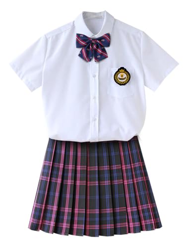 TEDPRBGE JK Schuluniform für Damen, japanischer karierter Faltenrock, weißes Hemd, Set, Anime, Cosplay-Kostüm (Blau-Lila, S) von TEDPRBGE