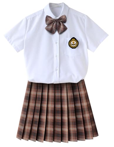 TEDPRBGE JK Schuluniform für Damen, japanischer karierter Faltenrock, weißes Hemd, Set, Anime, Cosplay-Kostüm (Braun, Größe 4XL) von TEDPRBGE