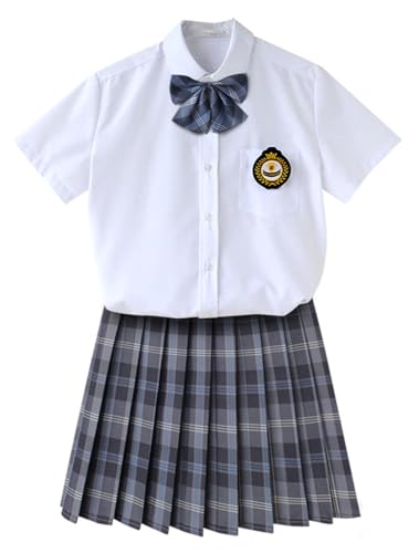TEDPRBGE JK Schuluniform für Damen, japanischer karierter Faltenrock, weißes Hemd, Set, Anime, Cosplay-Kostüm (Grau, Größe 4XL) von TEDPRBGE