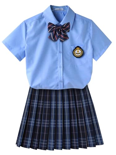 TEDPRBGE JK Schuluniform für Damen, japanisches Karomuster, Faltenrock, Hemd, Set, Anime, Cosplay-Kostüm (Blau / Schwarz, L) von TEDPRBGE