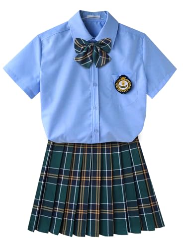 TEDPRBGE JK Schuluniform für Damen, japanisches Karomuster, Faltenrock, Hemd, Set, Anime, Cosplay-Kostüm (Grün-Gelb, Größe 4XL) von TEDPRBGE