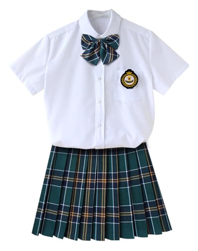 TEDPRBGE JK Schuluniform für Damen, japanisches Karomuster, Faltenrock, weißes Hemd, Set, Anime, Cosplay-Kostüm (Grün, Größe 3XL) von TEDPRBGE