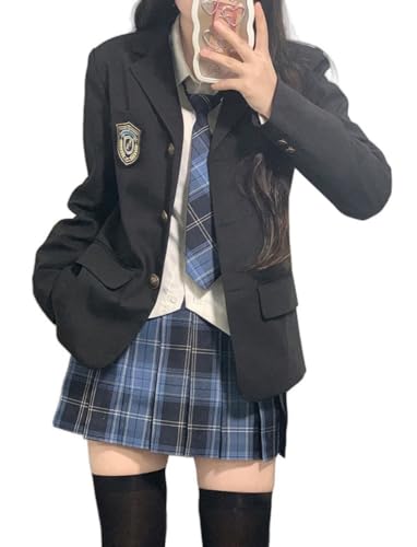 TEDPRBGE JK-Uniform-Kostüm im japanischen Stil, langärmelig, Blazer, blauer karierter Rock, Hemd-Set, Anime-Cosplay-Kostüm für Damen, Schwarz, Größe L von TEDPRBGE
