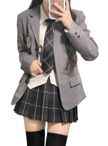 TEDPRBGE JK Uniform-Kostüm im japanischen Stil, langärmelig, Blazer, grauer karierter Rock, Hemd-Set, Anime-Cosplay-Kostüm für Damen, Grau, Größe XXL von TEDPRBGE