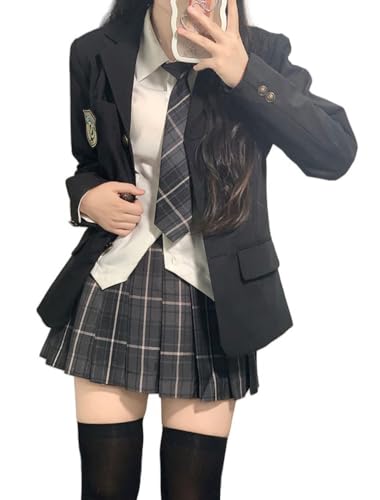 TEDPRBGE JK Uniform-Kostüm im japanischen Stil, langärmelig, Blazer, grauer karierter Rock, Hemd-Set, Anime-Cosplay-Kostüm für Damen, Schwarz, Größe XXL TEDPRBGE JK Uniform-Kostüm im japanischen Stil, langärmelig, Blazer, grauer karierter Rock, Hemd-Set, Anime-Cosplay-Kostüm für Damen, Schwarz, Größe XXL von TEDPRBGE
