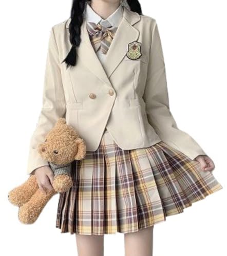 TEDPRBGE JK Uniform-Kostüm im japanischen Stil, langärmelig, Blazer, kariert, Rock, Hemd, Fliege, Set, Anime-Cosplay-Kostüm für Damen, Beige, Größe XL TEDPRBGE JK Uniform-Kostüm im japanischen Stil, langärmelig, Blazer, kariert, Rock, Hemd, Fliege, Set, Anime-Cosplay-Kostüm für Damen, Beige, Größe XL von TEDPRBGE