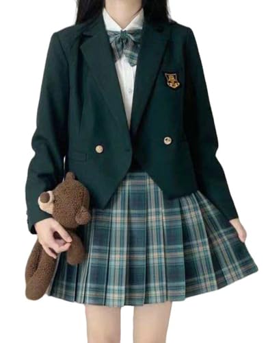 TEDPRBGE JK Uniform-Kostüm im japanischen Stil, langärmelig, Blazer, kariert, Rock, Hemd, Fliege, Set, Anime-Cosplay-Kostüm für Damen, Tintengrün, Größe XL von TEDPRBGE