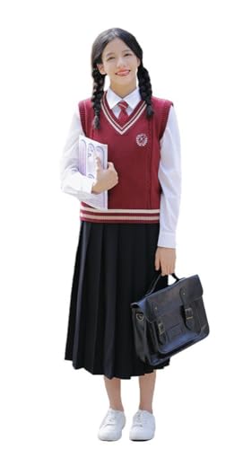 TEDPRBGE Japanische Schuluniform für Damen, Strickweste, JK, Faltenrock, Langarm-Shirts, Fliege, High School-Uniform, Rot, Rot Weiß Schwarz, 4XL TEDPRBGE Japanische Schuluniform für Damen, Strickweste, JK, Faltenrock, Langarm-Shirts, Fliege, High School-Uniform, Rot, Rot Weiß Schwarz, 4XL von TEDPRBGE