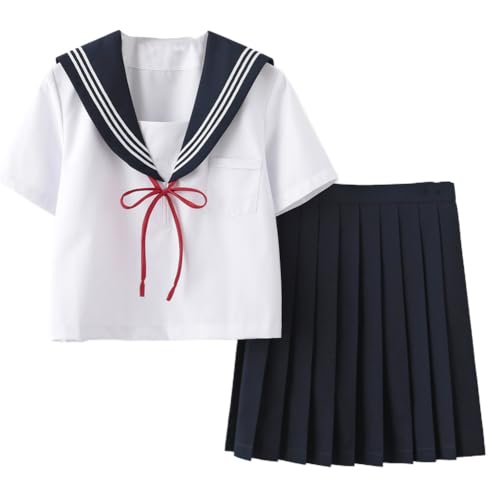 TEDPRBGE Japanisches JK-Uniform-Kostüm, Matrosenuniform, JK, Hemden, Uniform, Fliege, Anime, Cosplay, Kostüme für Damen (Dunkelblau, kurzärmelig, 45 cm Rock + Schleife, XL) von TEDPRBGE